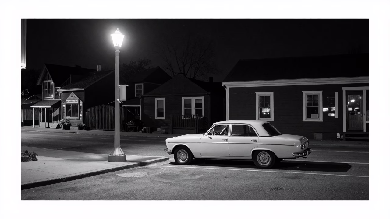 Halifax Nova Scotia Night Street Scene with Vintage Car and Lampshade Reflection in in Halifax, Nova Scotia, Canada