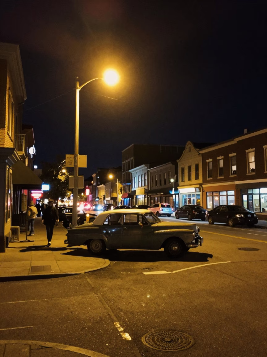 Halifax Nova Scotia Night Street Scene with Vintage Car and Neon Sign Reflections in in Halifax, Nova Scotia, Canada