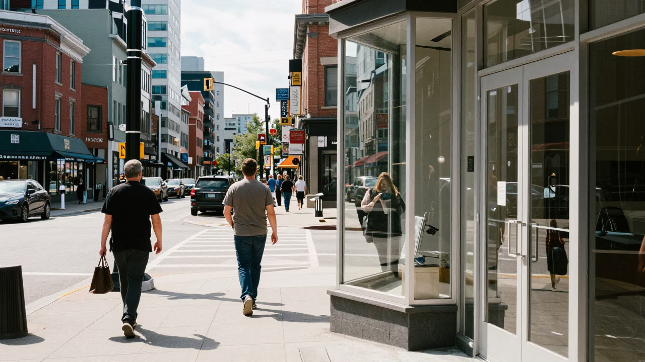 Halifax Nova Scotia Noon Street Scene with Pedestrians and Clear Glass Doorframe in in Halifax, Nova Scotia, Canada