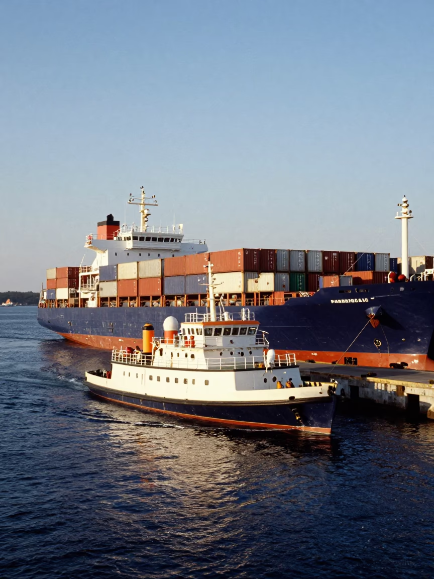 Halifax Nova Scotia Pilot Boat Guiding Container Ship Into Port in Late Afternoon Light in in Halifax, Nova Scotia, Canada