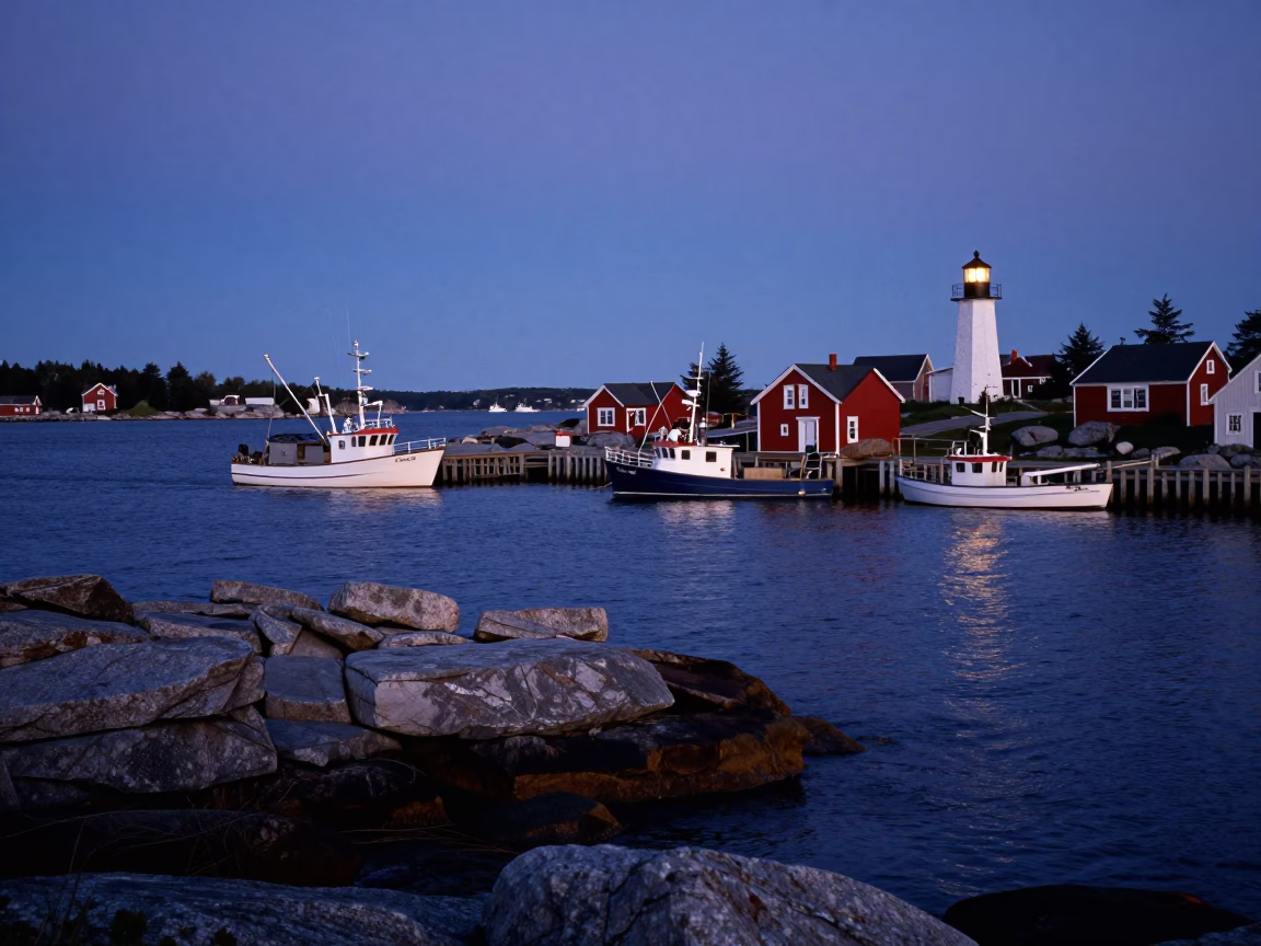 Halifax Nova Scotia Pre-Dawn Harbor Scene with Fishing Boats and Lighthouse Reflection in in Halifax, Nova Scotia, Canada