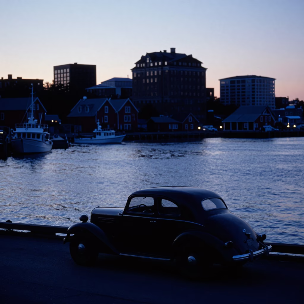 Halifax Nova Scotia Pre-Dawn Harbor Scene with Vintage Car and Maritime Elements in in Halifax, Nova Scotia, Canada