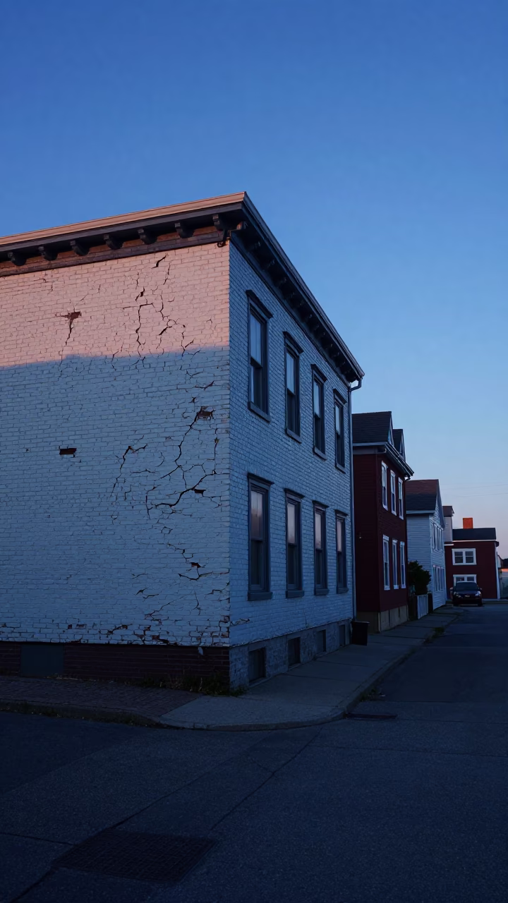 Halifax Nova Scotia Pre-Dawn Harbor Street Scene with Cracked Stucco and Lockbox in in Halifax, Nova Scotia, Canada