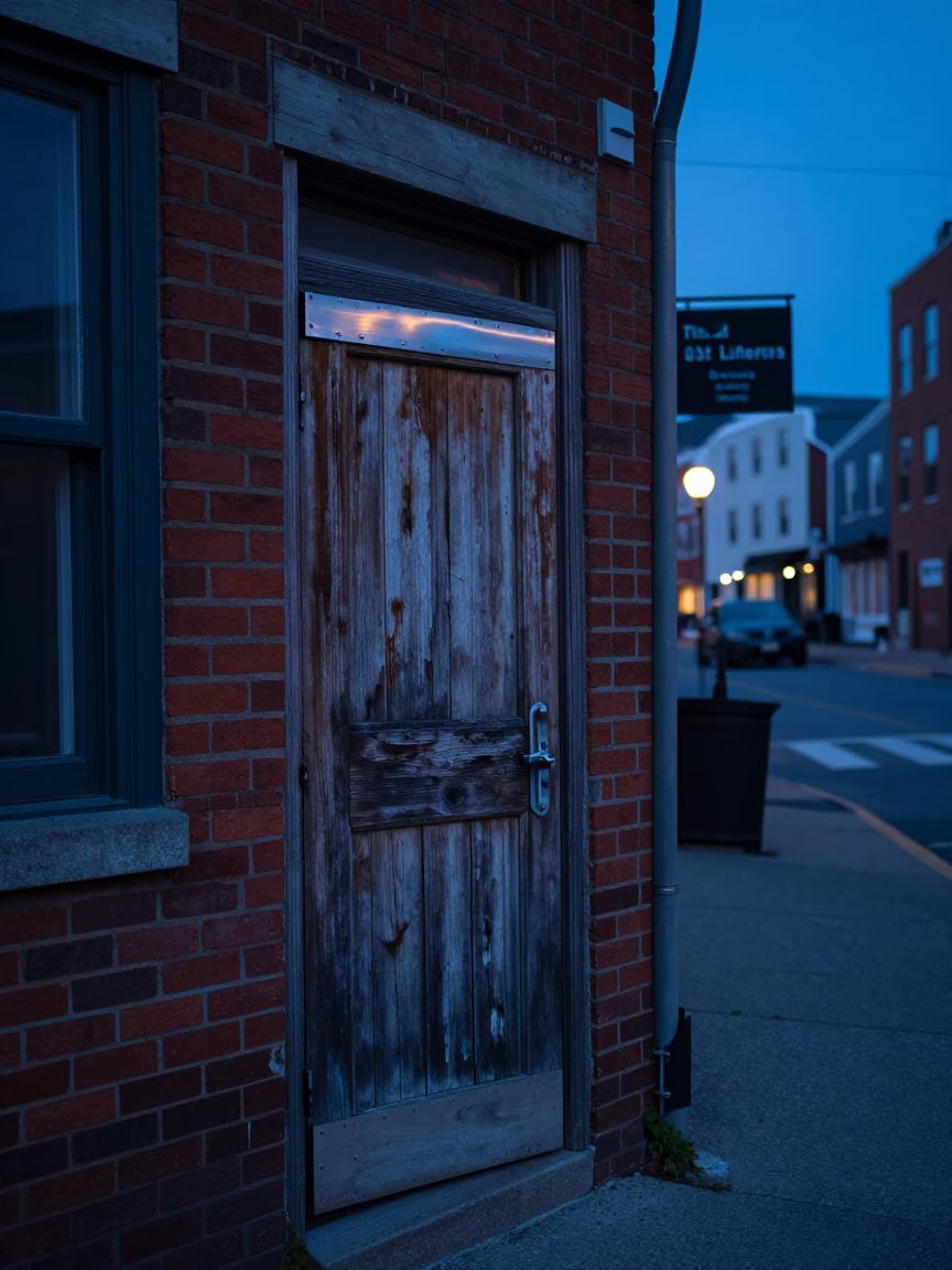 Halifax Nova Scotia Pre-Dawn Street Scene with Brushed Steel Hinge Detail in in Halifax, Nova Scotia, Canada