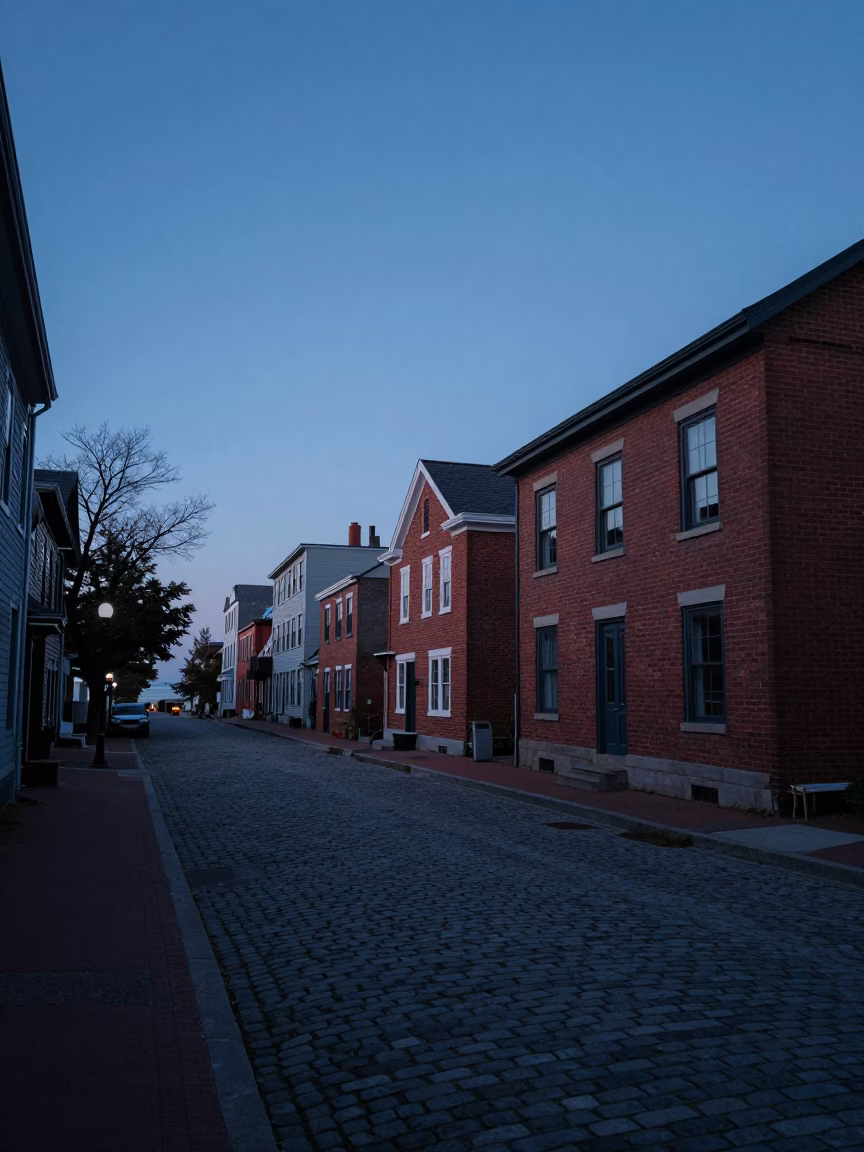 Halifax Nova Scotia Pre-Dawn Street Scene with Heritage Brick and Cobblestone in in Halifax, Nova Scotia, Canada