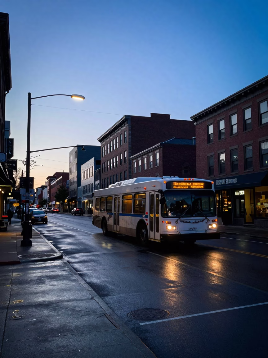 Halifax Nova Scotia Pre-Dawn Street Scene with Vintage Bus and Urban Architecture in in Halifax, Nova Scotia, Canada