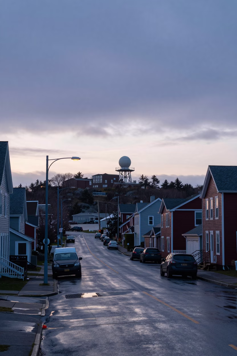 Halifax Nova Scotia pre-dawn street scene with weather radar installation and wet asphalt in in Halifax, Nova Scotia, Canada