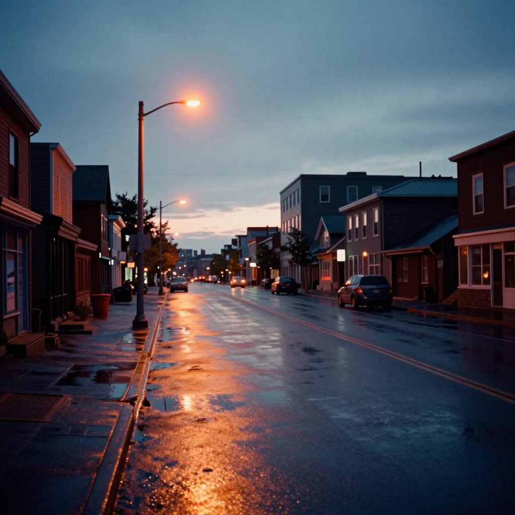 Halifax Nova Scotia Pre-Dawn Street Scene with Wet Asphalt and Urban Reflections in in Halifax, Nova Scotia, Canada
