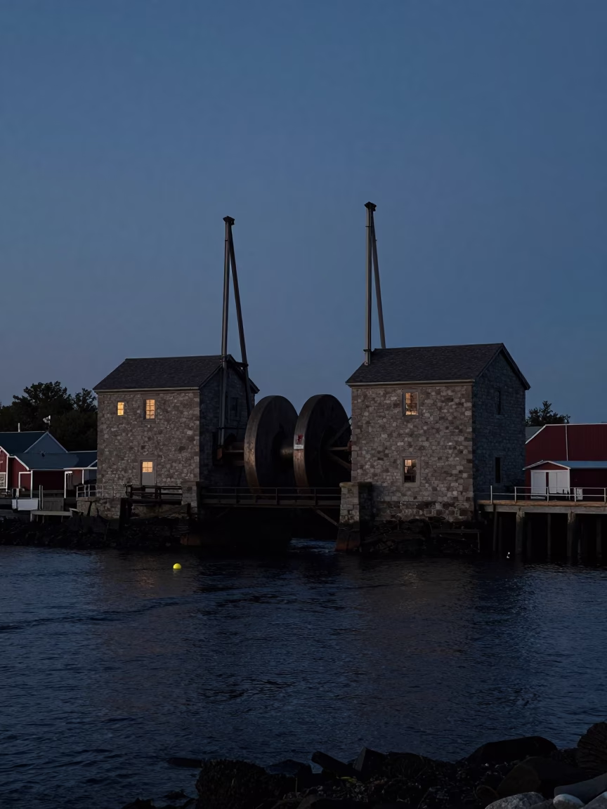 Halifax Nova Scotia predawn harbor drawbridge counterweight and tidal channel in in Halifax, Nova Scotia, Canada
