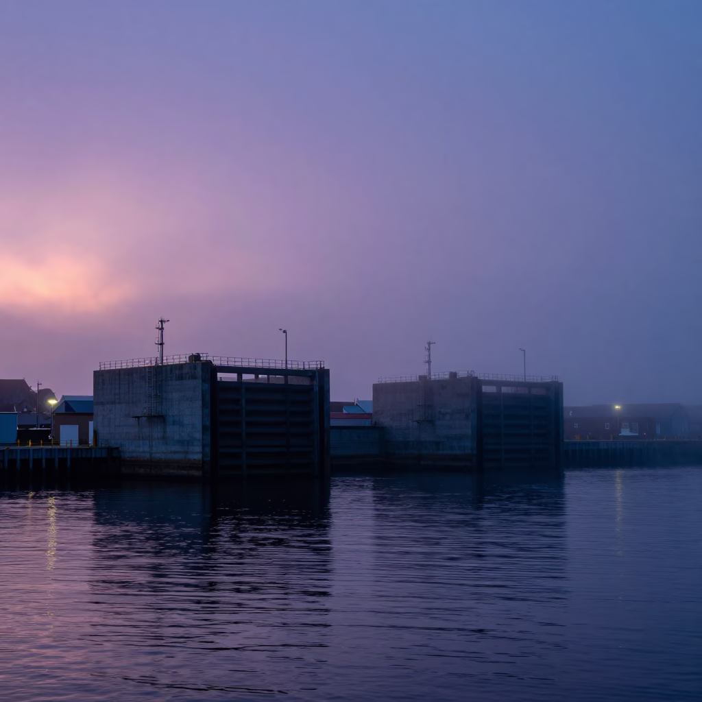 Halifax Nova Scotia Predawn Harbor Fog and Industrial Concrete Infrastructure in in Halifax, Nova Scotia, Canada