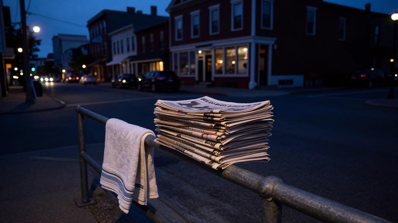 Halifax Nova Scotia Predawn Street Scene with Newspaper Stack and Towel Rail in in Halifax, Nova Scotia, Canada
