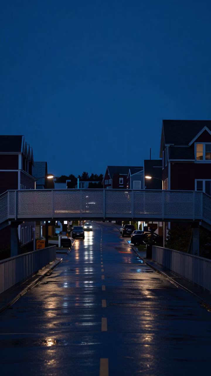 Halifax Nova Scotia Predawn Street Scene with Pedestrian Overpass and Wet Footsteps in in Halifax, Nova Scotia, Canada
