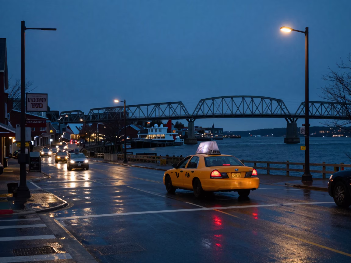 Halifax Nova Scotia predawn street scene with yellow taxi and bridge pier in in Halifax, Nova Scotia, Canada