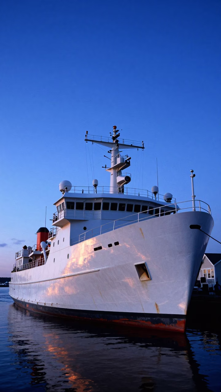 Halifax Nova Scotia Research Vessel A-Frame Stern Blue Hour Maritime Scene in in Halifax, Nova Scotia, Canada