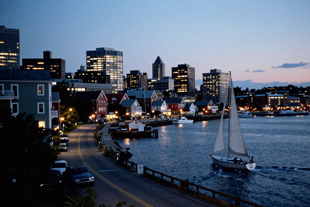 Halifax Nova Scotia Street Scene at Dusk with Sailboat and Harbor Lights in in Halifax, Nova Scotia, Canada