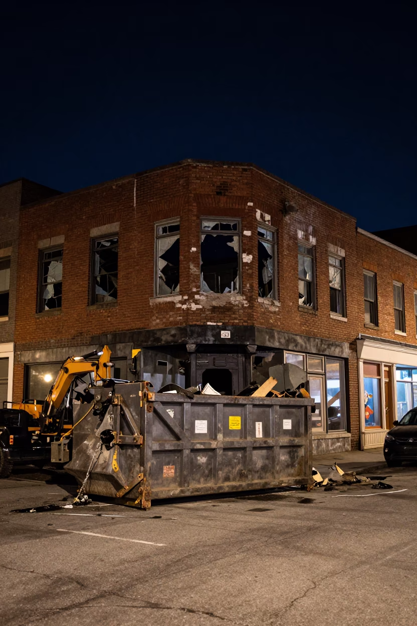 Halifax Nova Scotia Street Scene at Night with Demolition Dumpster and Gutted Storefront in in Halifax, Nova Scotia, Canada