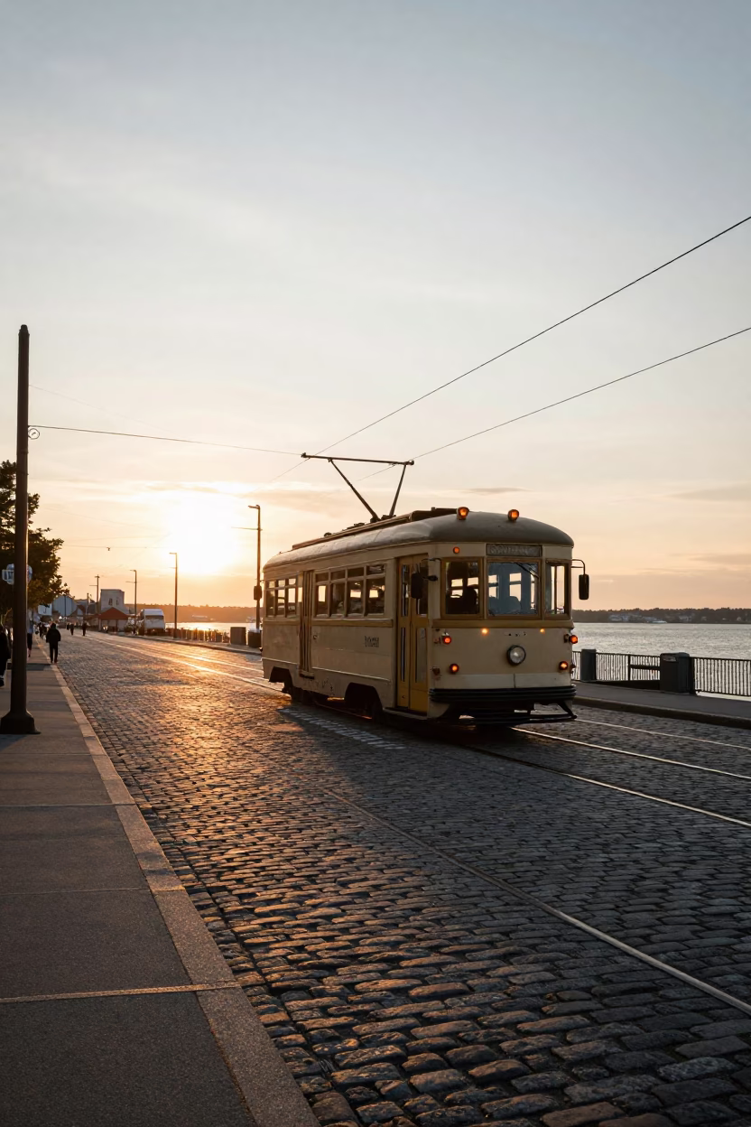 Halifax Nova Scotia Street Scene at Sunset with Vintage Tram and Local Market Wares in in Halifax, Nova Scotia, Canada