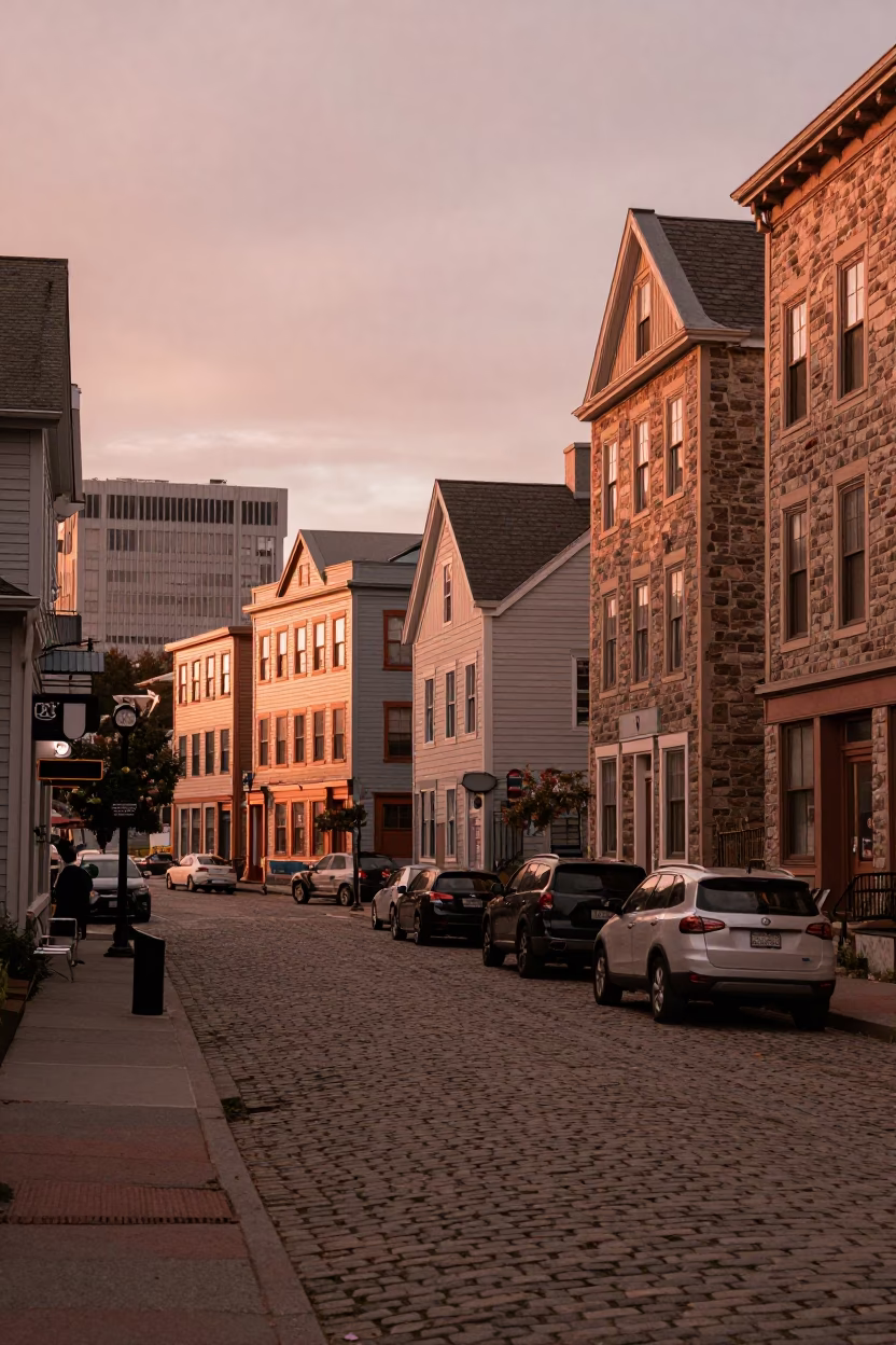 Halifax Nova Scotia Street Scene Before Dusk with Vintage 1960s Atmosphere and Coastal Elements in in Halifax, Nova Scotia, Canada