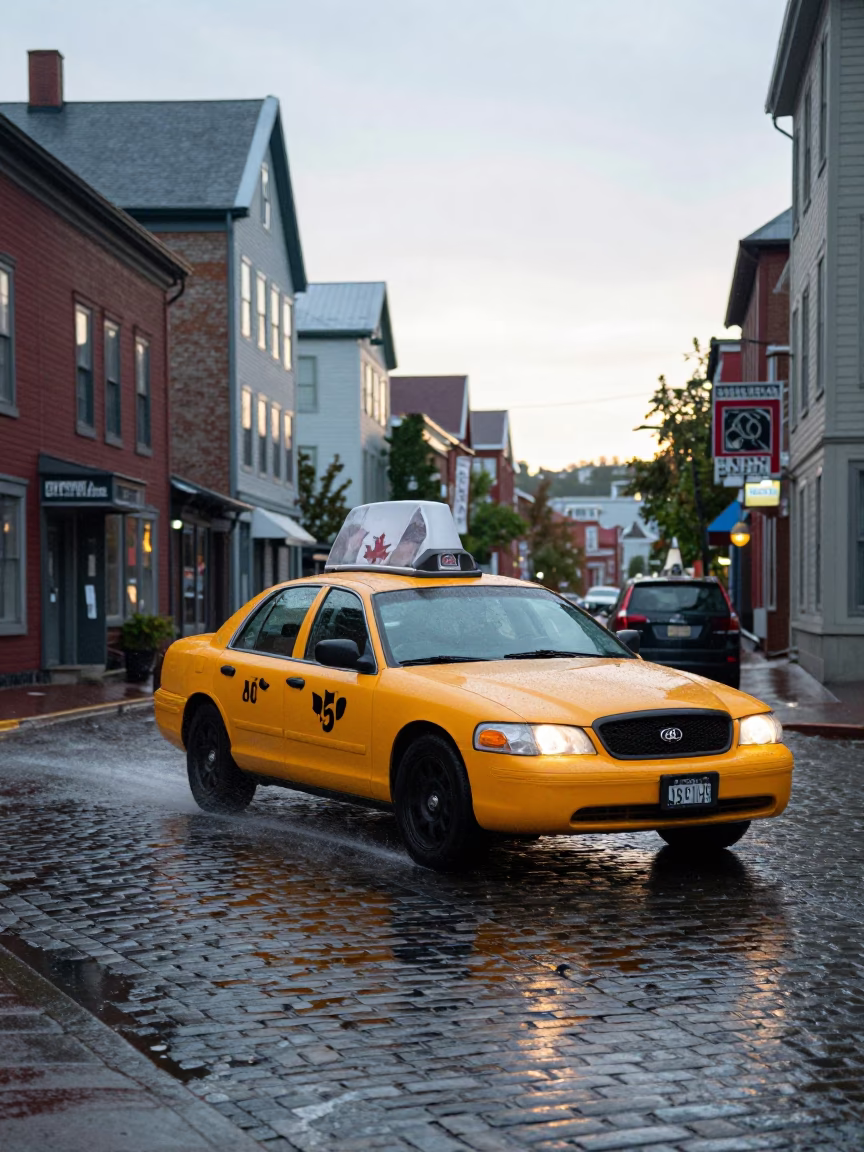 Halifax Nova Scotia Street Scene Late Morning with Yellow Taxi and Garden Cloche in in Halifax, Nova Scotia, Canada