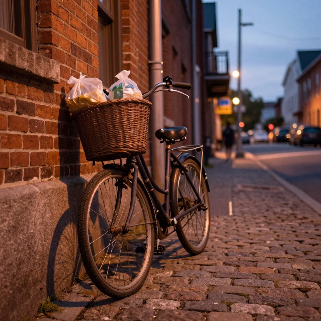Halifax Nova Scotia street scene with bicycle basket in copper dusk light in in Halifax, Nova Scotia, Canada