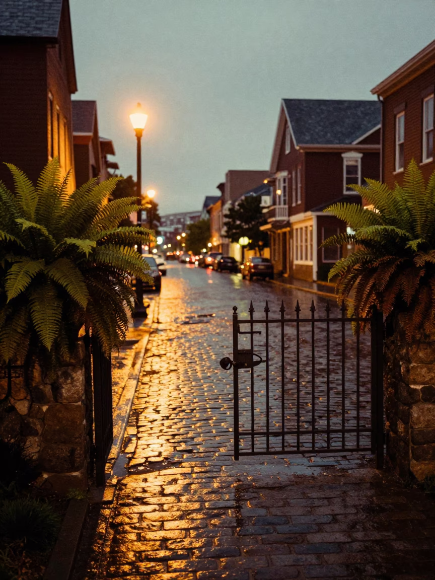Halifax Nova Scotia Street Scene with Garden Gate and Ferns at Dusk in in Halifax, Nova Scotia, Canada