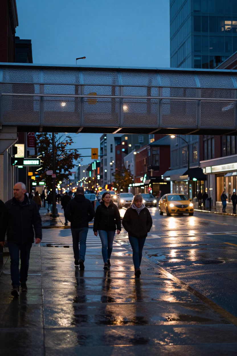 Halifax Nova Scotia Street Scene with Pedestrian Overpass and Wet Footsteps at Dusk in in Halifax, Nova Scotia, Canada