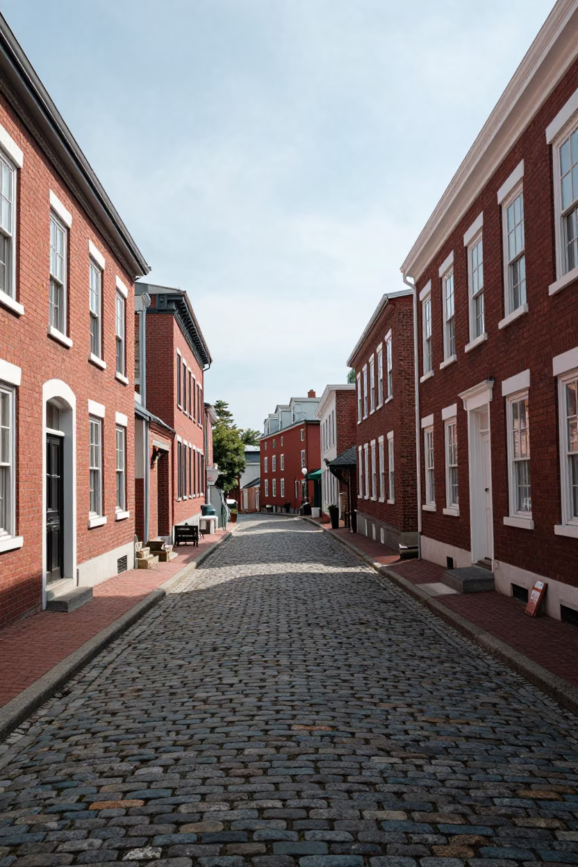 Halifax Nova Scotia Street Scene with Red Brick Buildings and Cobblestone Alleyway at Noon in in Halifax, Nova Scotia, Canada