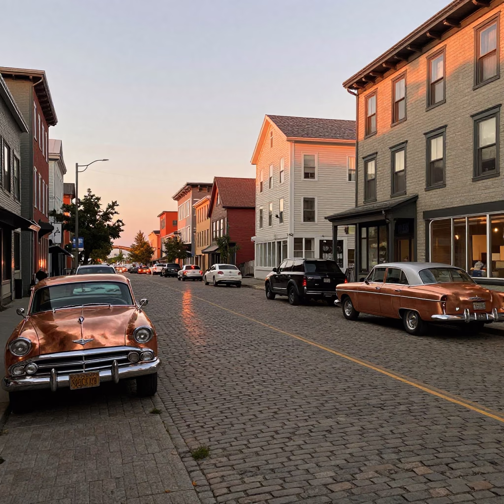 Halifax Nova Scotia street scene with vintage 1960s cars and copper dusk light in in Halifax, Nova Scotia, Canada