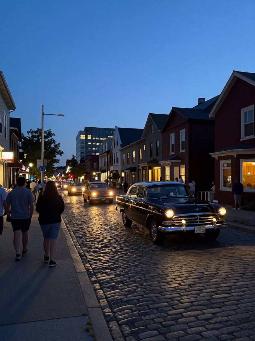 Halifax Nova Scotia street scene with vintage car rally at twilight in in Halifax, Nova Scotia, Canada