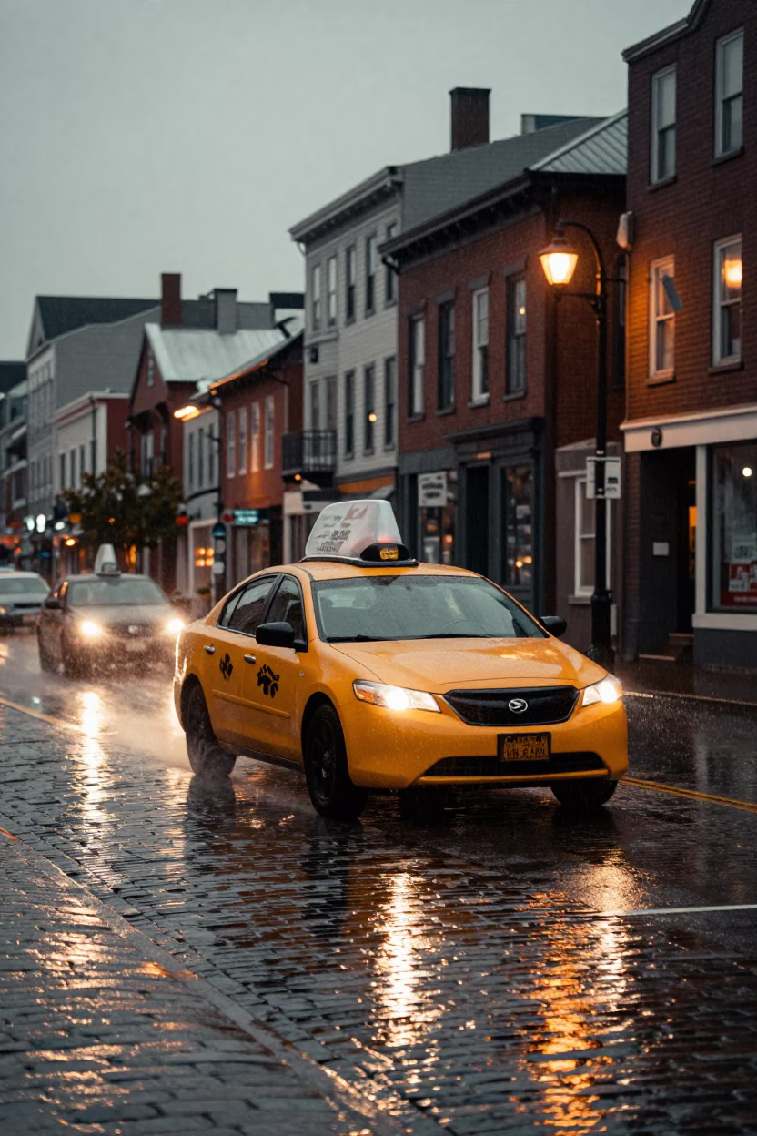 Halifax Nova Scotia street scene with yellow taxi in rain before dusk copper light in in Halifax, Nova Scotia, Canada