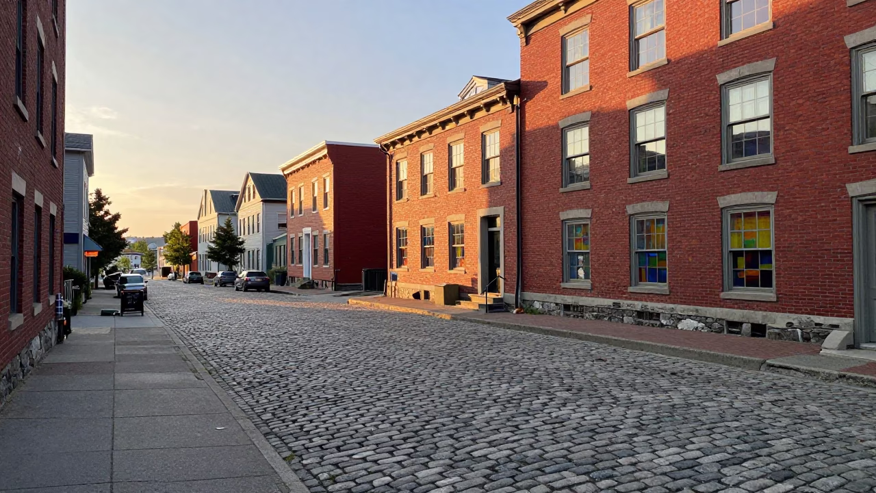 Halifax Nova Scotia Sunrise Street Scene with Vintage 1950s Colorful Glass Bottle on Cobblestone in in Halifax, Nova Scotia, Canada