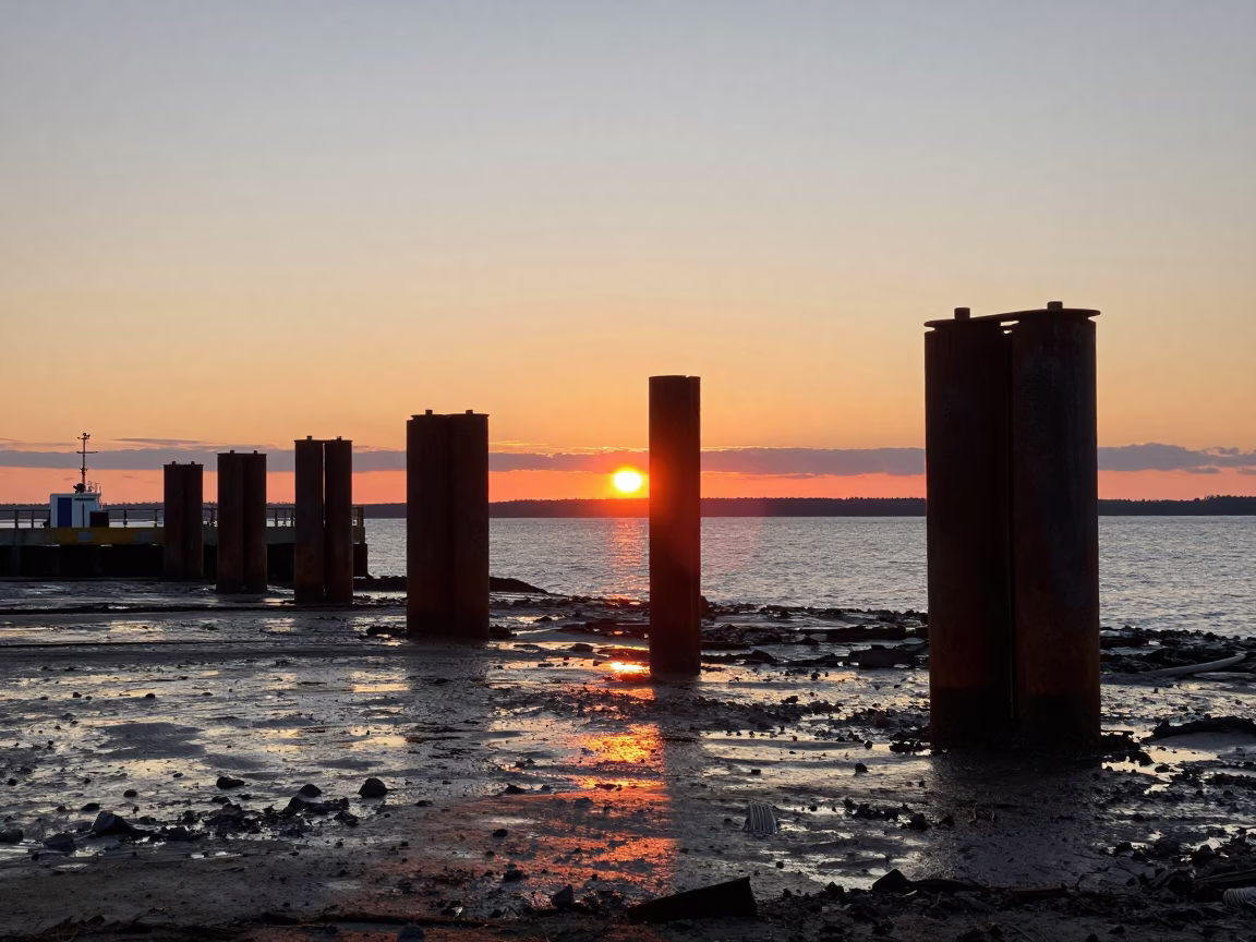 Halifax Nova Scotia Sunset Ferry Ramp and Piling System at Low Tide in in Halifax, Nova Scotia, Canada
