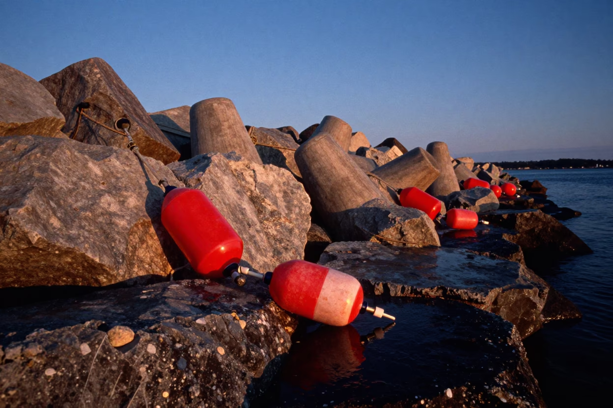Halifax Nova Scotia Sunset Fishing Floats on Breakwater in in Halifax, Nova Scotia, Canada