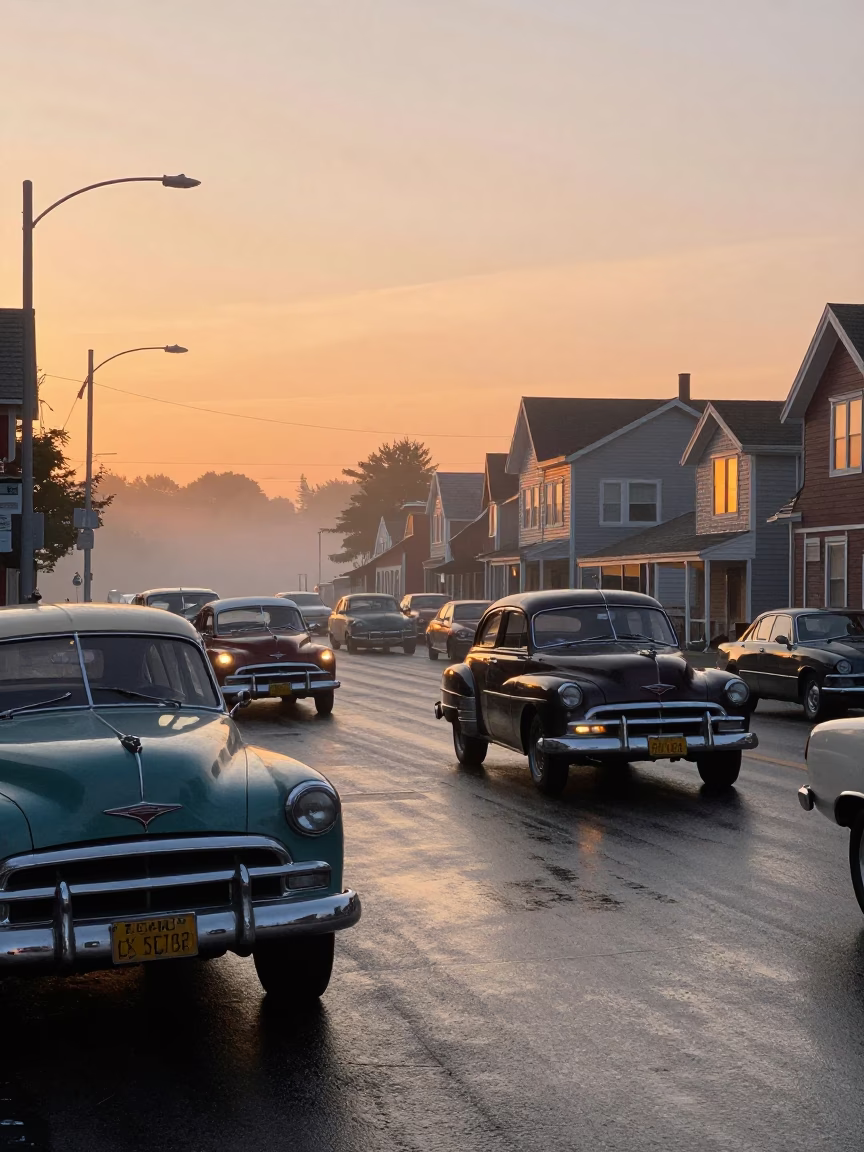 Halifax Nova Scotia Sunset Harbor Scene with Vintage Cars and Foggy Spruce Trees in in Halifax, Nova Scotia, Canada