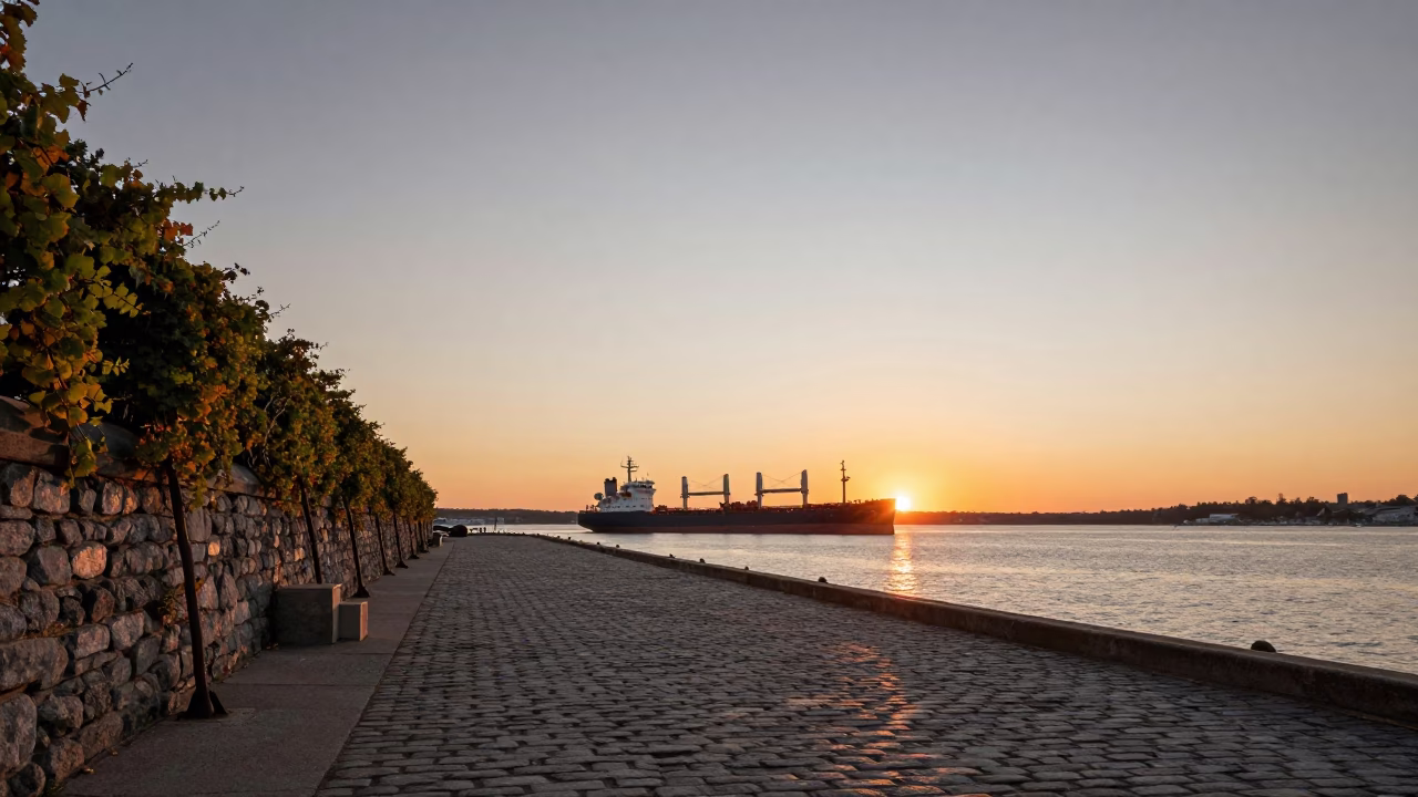 Halifax Nova Scotia Sunset Horizon Cargo Ship and Vine-Covered Harbour Wall in in Halifax, Nova Scotia, Canada