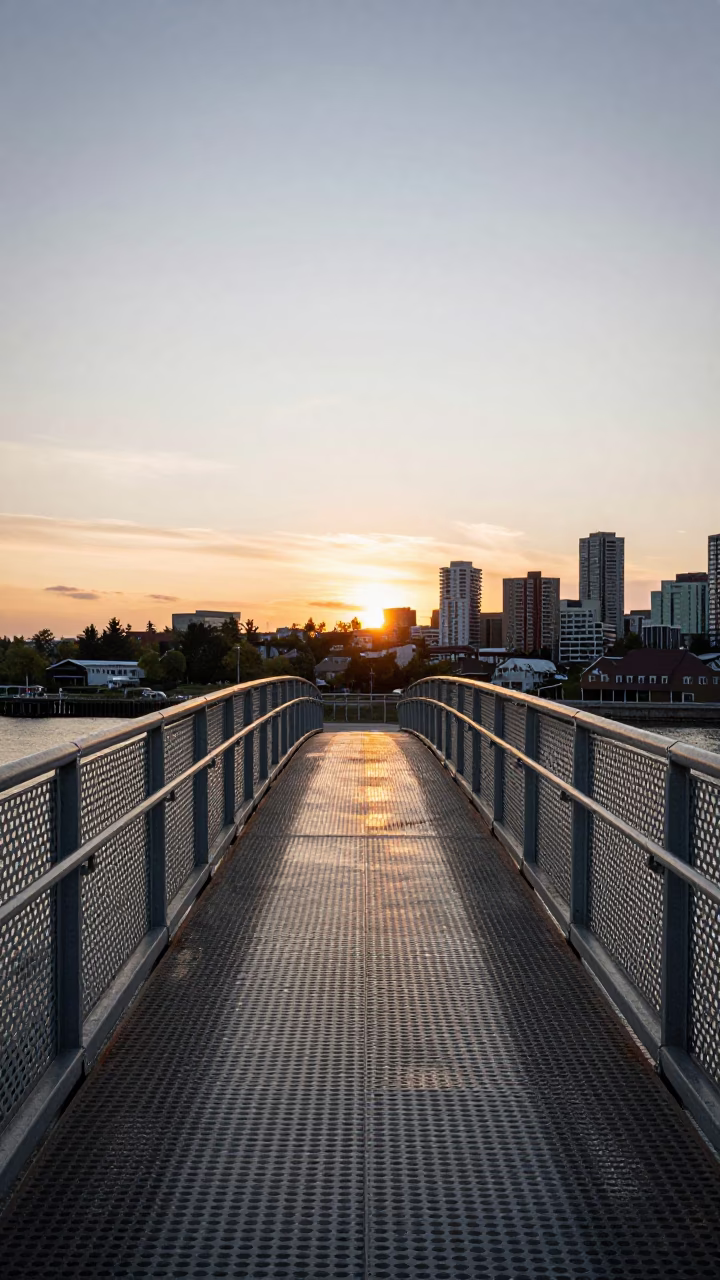 Halifax Nova Scotia Sunset Pedestrian Overpass Perforated Metal and Wet Footsteps in in Halifax, Nova Scotia, Canada