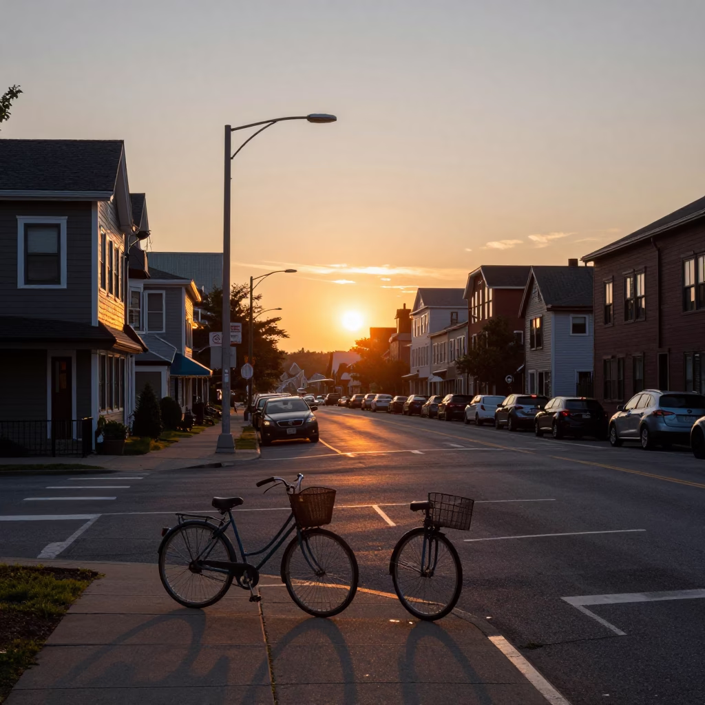 Halifax Nova Scotia Sunset Street Scene with Bicycle Basket and District Heating Pipes in in Halifax, Nova Scotia, Canada