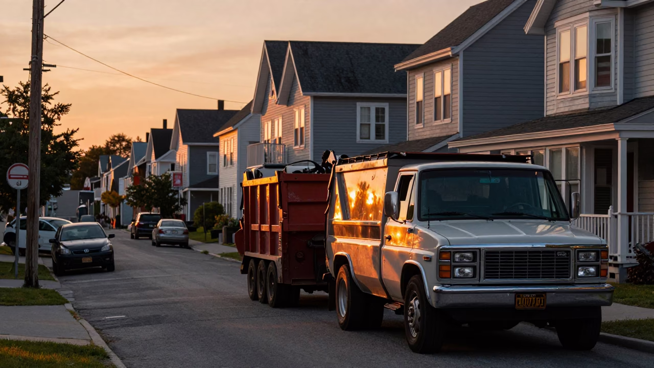 Halifax Nova Scotia Sunset Street Scene with Demolition Dumpster and Local Architecture in in Halifax, Nova Scotia, Canada