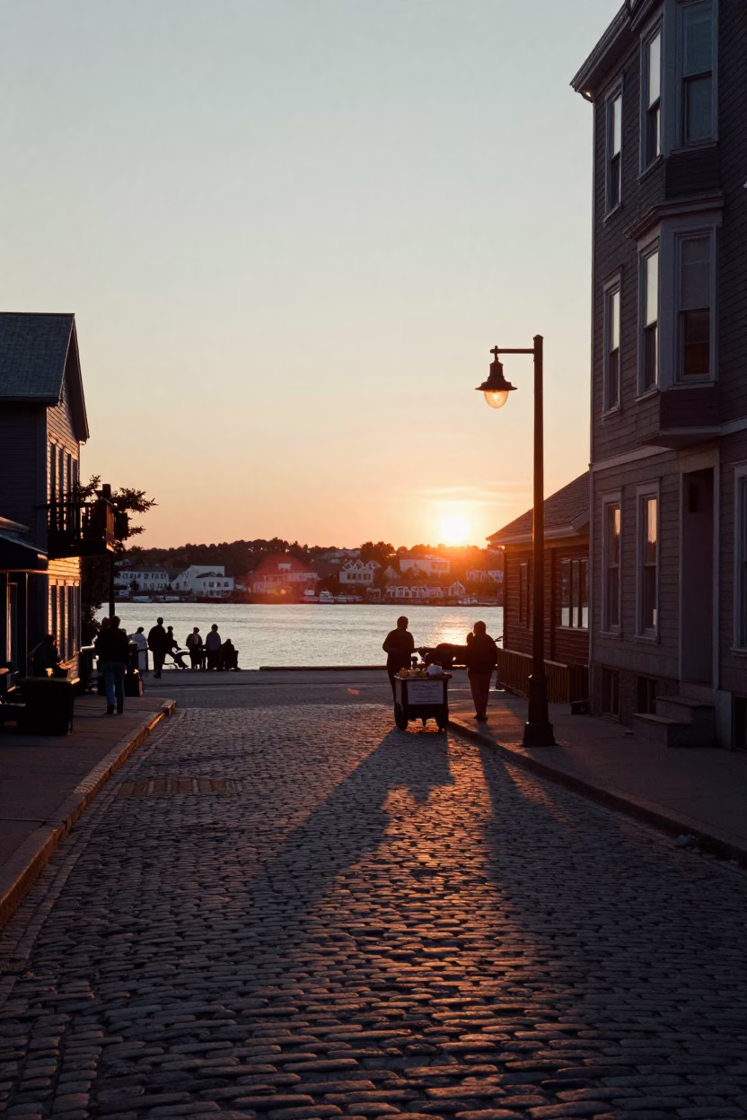 Halifax Nova Scotia Sunset Street Scene with Lantern Light and Urban Reflections in in Halifax, Nova Scotia, Canada
