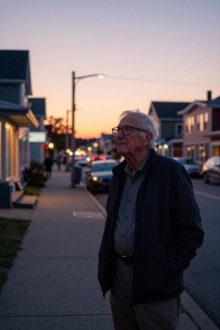 Halifax Nova Scotia sunset street scene with retired astronomer and local details in in Halifax, Nova Scotia, Canada