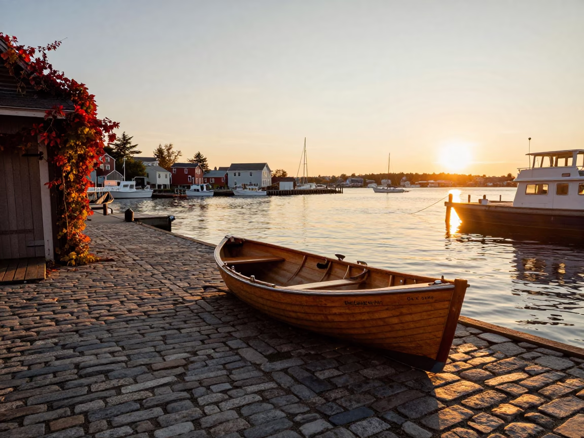 Halifax Nova Scotia Sunset Street Scene with Rowboat and Autumn Vines on Funicular Hill in in Halifax, Nova Scotia, Canada