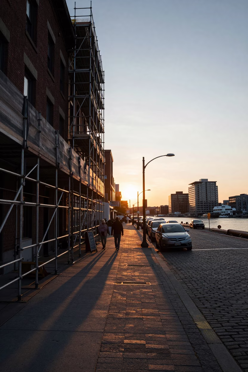 Halifax Nova Scotia Sunset Street Scene with Scaffolding and Urban Life in in Halifax, Nova Scotia, Canada