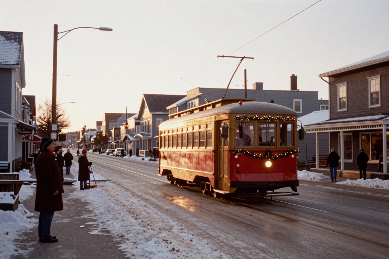 Halifax Nova Scotia Sunset Street Scene with Tramcar and Local Activity in in Halifax, Nova Scotia, Canada