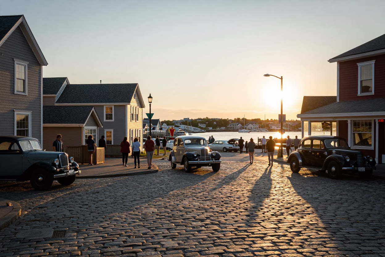 Halifax Nova Scotia Sunset Street Scene with Vintage Cars and Lobster Dinner in in Halifax, Nova Scotia, Canada