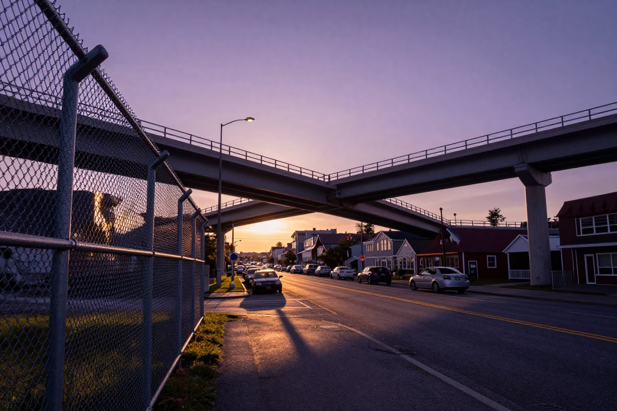 Halifax Nova Scotia Sunset Substation Fence and Overpass Interchange Ramp in in Halifax, Nova Scotia, Canada