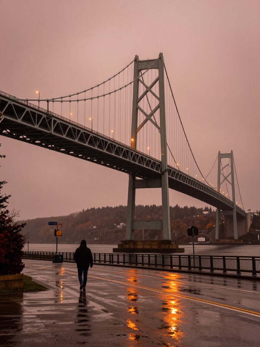 Halifax Nova Scotia Suspension Bridge After Storm Copper Dusk Light in in Halifax, Nova Scotia, Canada