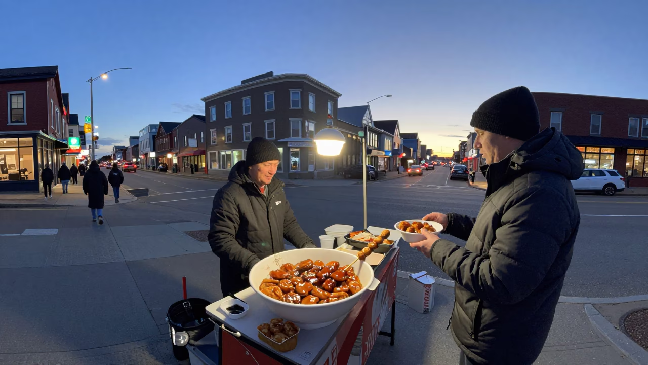 Halifax Nova Scotia twilight street scene with bowl and skewer at local food stall in in Halifax, Nova Scotia, Canada