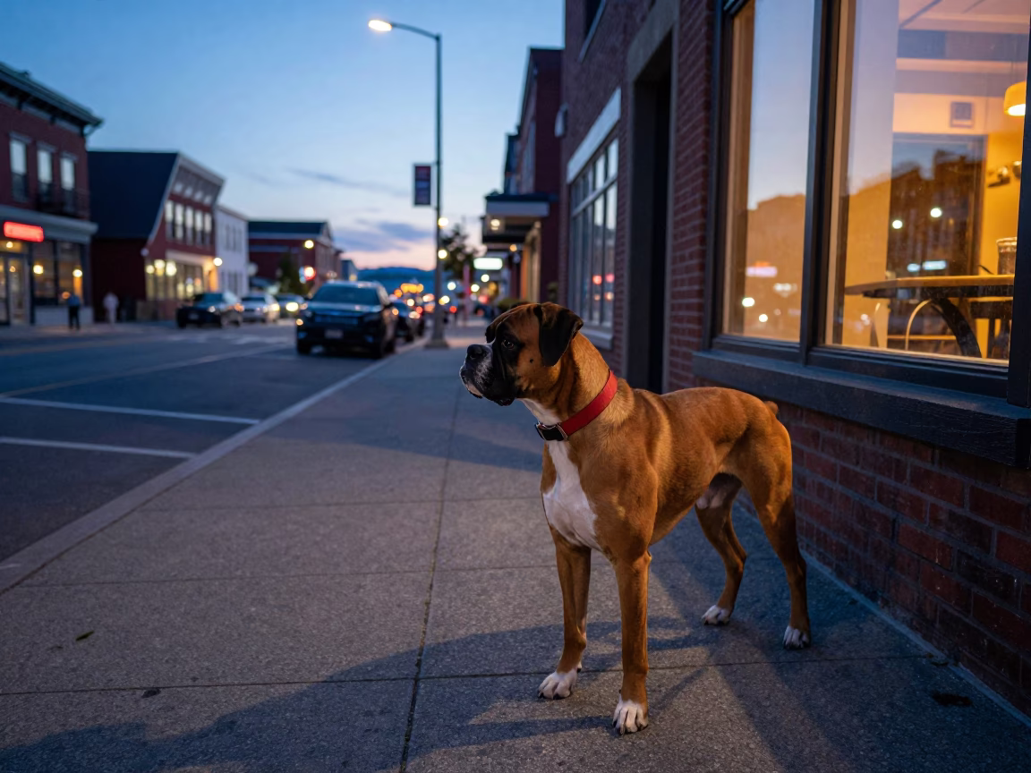 Halifax Nova Scotia twilight street scene with Boxer dog and city lights in in Halifax, Nova Scotia, Canada