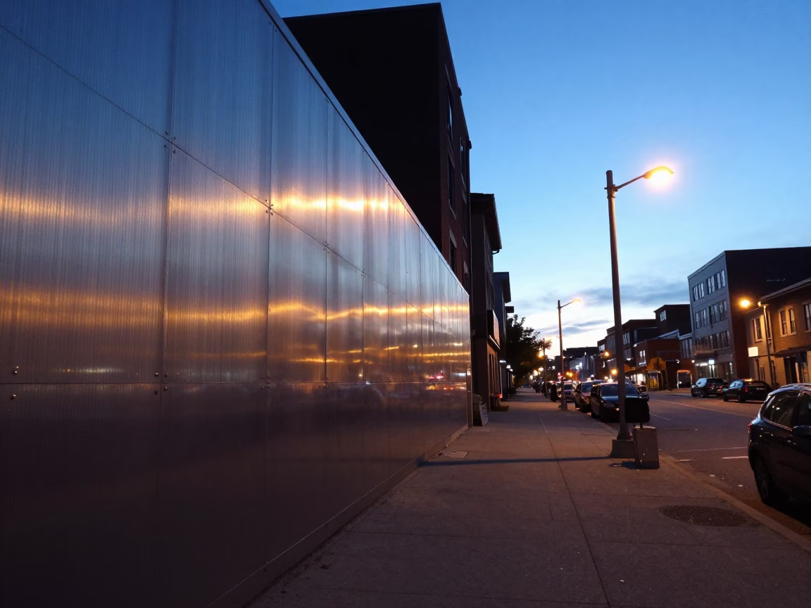 Halifax Nova Scotia Twilight Street Scene with Brushed Steel Wall and Traffic in in Halifax, Nova Scotia, Canada