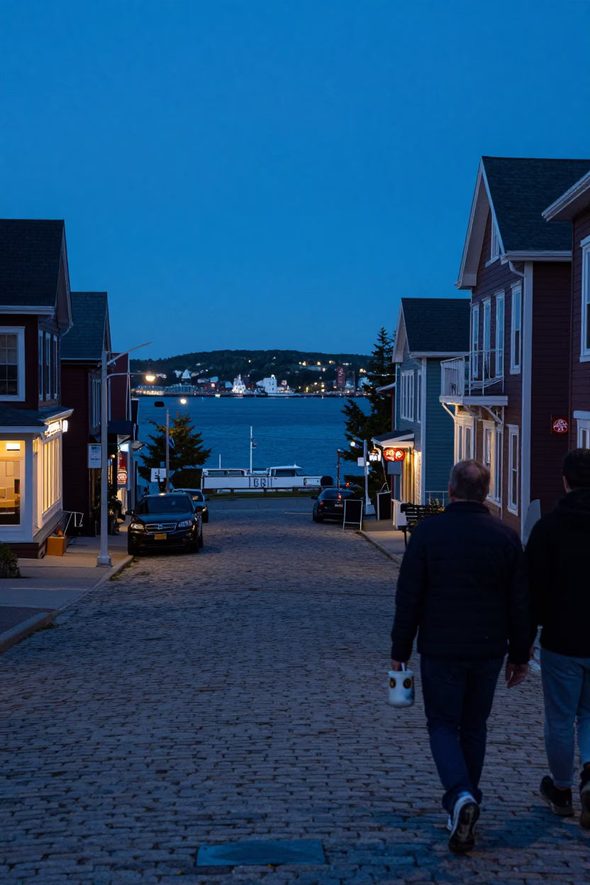 Halifax Nova Scotia Twilight Street Scene with Ceramic Mugs and Local Life in in Halifax, Nova Scotia, Canada